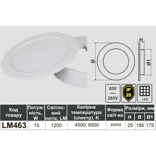 Панель  ABS  LED Lemanso 15W 1200LM 6500K коло LM\463