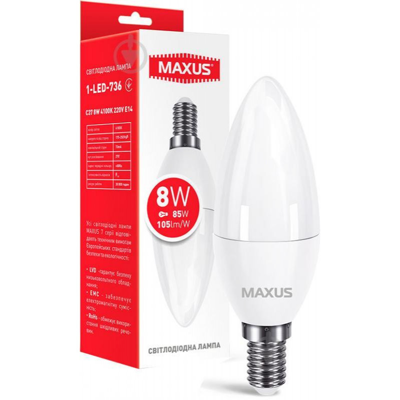 1-LED-736 C37 8W 4100K 220V E14