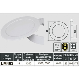 [08520] Панель  ABS  LED Lemanso 15W 1200LM 6500K коло LM\463